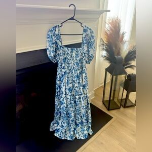Blue Floral Puff-Sleeve Midi Dress - Women's